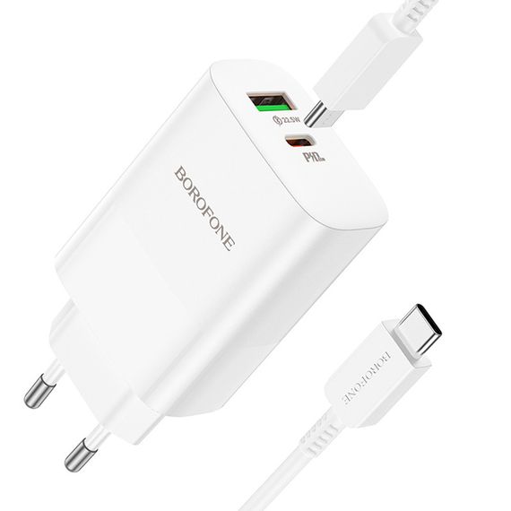 МЗП Borofone BN10 Sunlight PD65W (1USB-A/1C) + кабель Type-C to Type-C White | Зображення 1