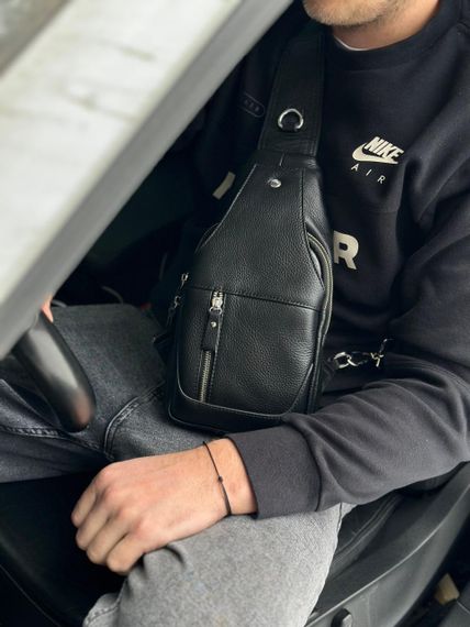 Кожаный черный мужской слинг рюкзак на одно плече TIDING BAG A25F-617-1A | Зображення 9