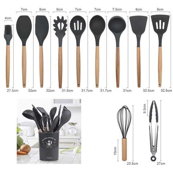 Набір кухонного приладдя із силікону та дерева 12 предметів Kitchen Set з підставкою Чорний | Зображення 5