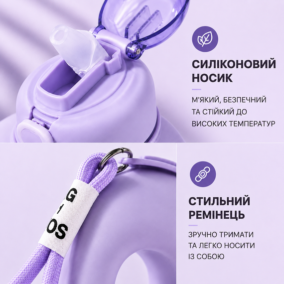 Спортивная бутылка для воды 1.5 л (1500 мл) Фиолетовая - с ручкой и трубочкой без BPA, с мотивирующей шкалой времени | Зображення 5