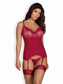 Корсет кружевной со стрингами Obsessive Rosalyne бордовый, S-M sexstyle