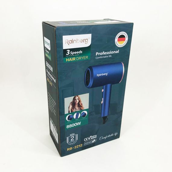 Фен Rainberg RB-2212 8800 W з регуляцією температури та швидкості для сушіння та укладання волосся. VN-549 Колір: синій | Зображення 3