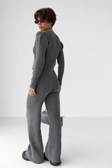 Трикотажний костюм у рубчик із кардиганом і штанами палаццо - сірий цвет, ONE SIZE (є розміри) | Зображення 1
