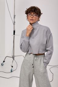 Короткий світшот із декоративними швами та блискавкою на горловині - сірий цвет, M (є розміри)