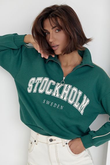 Свитшот с молнией на горловине и принтом Stockholm зеленый цвет L | Зображення 5