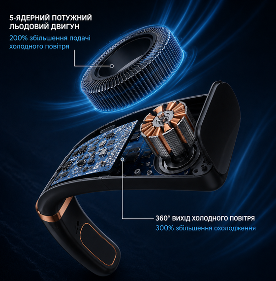 Портативний вентилятор на шию ABUDO (neck fan) безлопатевий з підсвічуванням, 5 швидкостей, USB, Чорний | Зображення 3