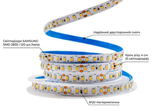 Світлодіодна LED стрічка PROLUM™ 48V 2835\120 IP20 Series "SG" Тепло-Білий (2800-3200K) | Зображення 1