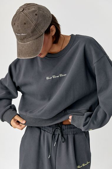 Спортивний костюм із плюшевим начісом з коротким світшотом та штанами палаццо - темно-сірий цвет, S/M (є розміри) | Зображення 2