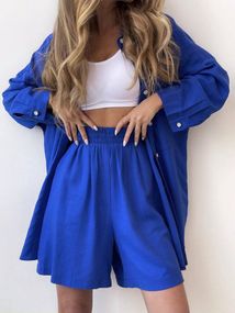 Женский летний костюм рубашка и шорты BF167 цвет синий, оверсайз 42/46