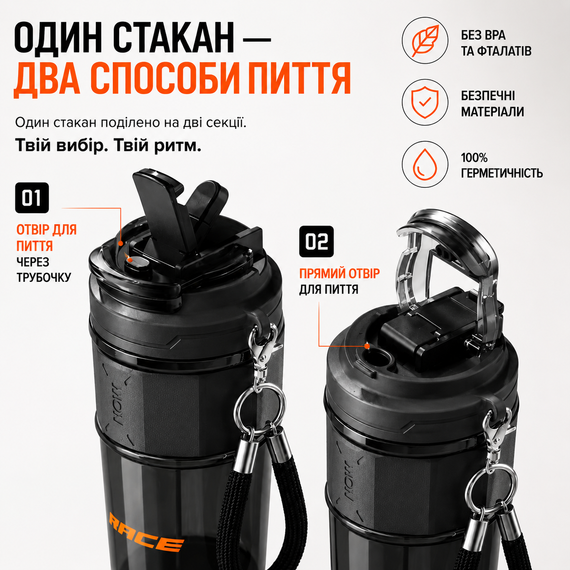 Двухсекционный стакан-тамблер RACE Dual-Sip 650 мл с соломинкой и ремешком (Черный) | Зображення 4