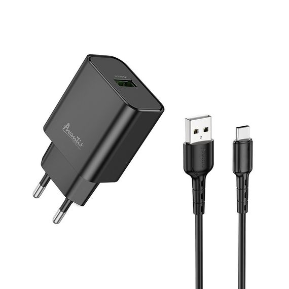 Мережевий зарядний пристрій Avantis A435 QC3.0 (1USB/18W/3A) + USB-кабель Type-C чорний | Зображення 1