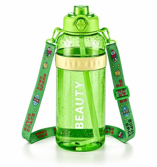 Спортивная бутылка для воды Beauty 1500 мл (1.5 л) с ручкой, трубочкой и ремнем. Салатова | Зображення 1
