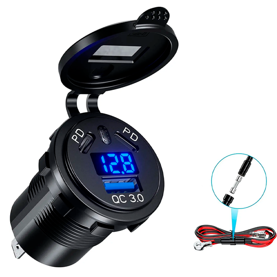 Автомобильная врезная быстрая зарядка USB QC 3.0 с вольтметром и двумя TYPE-C (DS2013-P28) | Зображення 1