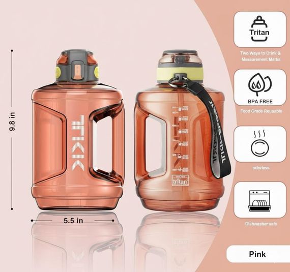 Спортивна пляшка TKK 2300 мл (2.3 л) — Теракотовий Tritan BPA-free, ударостійка еко-пляшка з ручкою та клапаном | Зображення 5